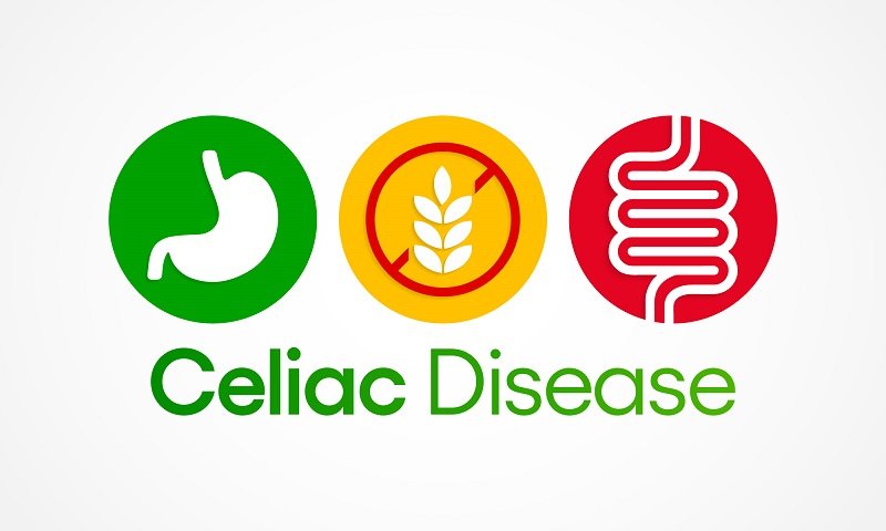 Celiac Disease icons with stomach, gluten-free symbol, and intestines