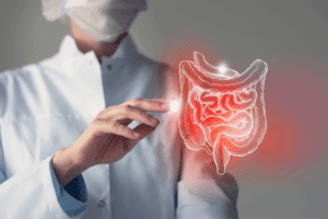 Doctor pointing at a holographic digestive system