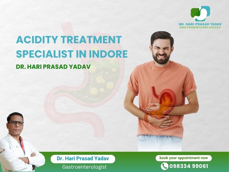 Man clutching stomach in pain with highlighted digestive system, Dr. Hari Prasad Yadav – Acidity Treatment Specialist in Indore