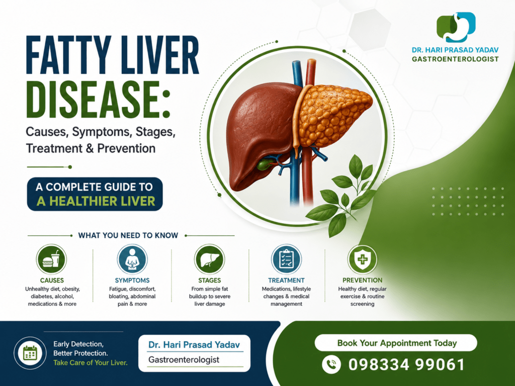 Fatty liver disease infographic showing causes, symptoms, stages, treatment, and prevention