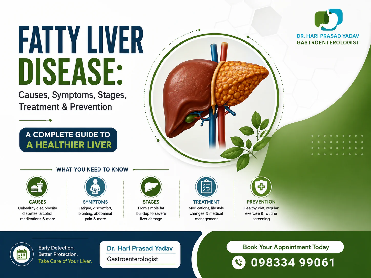 Fatty liver disease infographic showing causes, symptoms, stages, treatment, and prevention